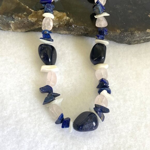 Sterling Silver 925 Sodalite Quartz MOP Blue Goldstone Beaded Necklace 17.5" - Picture 11 of 16